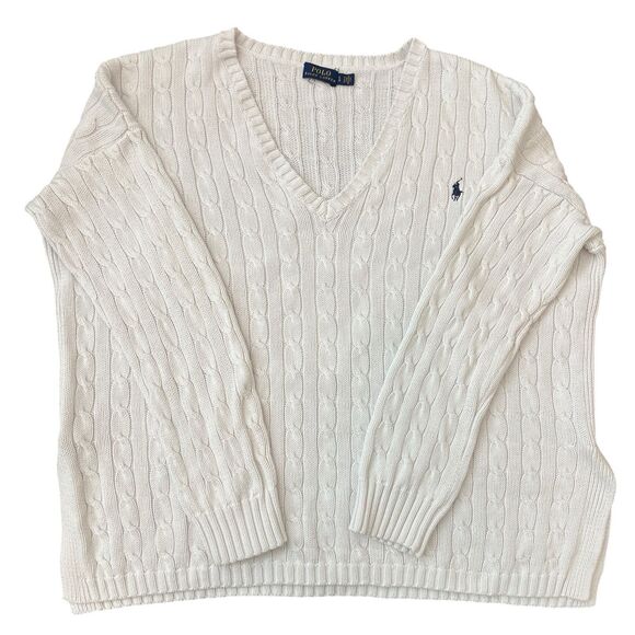 Polo Ralph Lauren Cable-Knit Cotton Sweater V-Neck Cream White Women's Size L - Picture 5 of 9